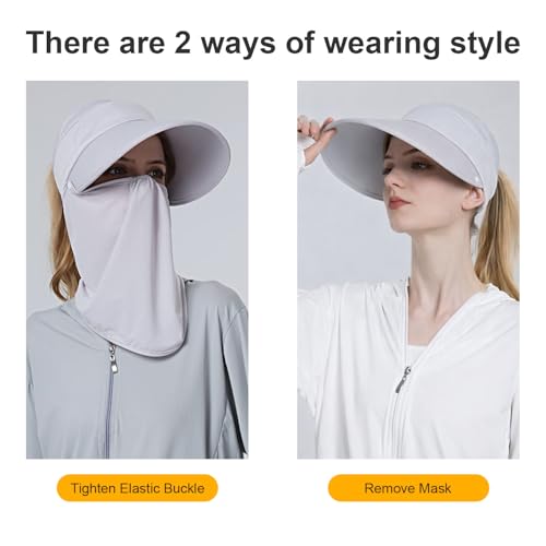 Image of Women Wide Brim Face Mask Sun Hat Detachable Neck Face Flap Ponytail UV Protection Visor Hat Garden Fishing Hiking