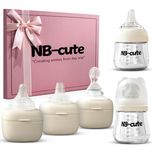 Image of Glass Baby Bottles Anti Colic Set 2 Pack 4oz and 6oz BPA Free Heat Resistant Borosilicate Glass with 3 Silicone Nipples Wide Neck Gift Box Baby Shower Easy to Sterilize for Newborn Infant 0-9 Months