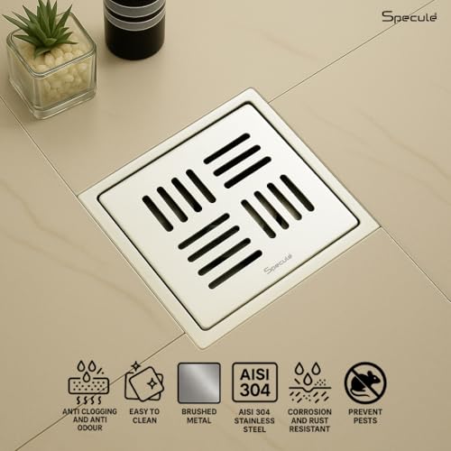 Image of Silver Exclusive Topaz Floor Drainer | 304-Grade Stainless Steel | 5x5 inch Anti-Rust & Anti-Crack Floor Drain with Brushed Finish | Stain Resistant Silver Bathroom /Kitchen Drain Cover