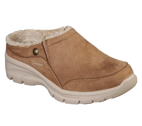Image of Skechers Women's Clogs - Relaxed Fit: Easy Going - Latte-Twin Gore Open Back Suede Fur Slip-On Clogs with Air Cooled Insole