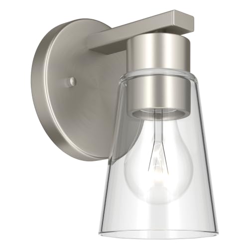 Image of Kichler Stamos 8 inch 1-Light Soft Modern Wall Sconce with Clear Glass in Brushed Nickel, (8 inch H x 5 inch W), 52437NICLR