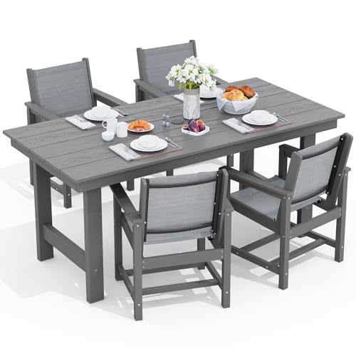 Image of SERWALL 5 Piece Patio Dining Sets, Outdoor HDPE Dining Furniture Set with Umbrella Hole Cut-Out Table and 4 Woven Chairs, Gray