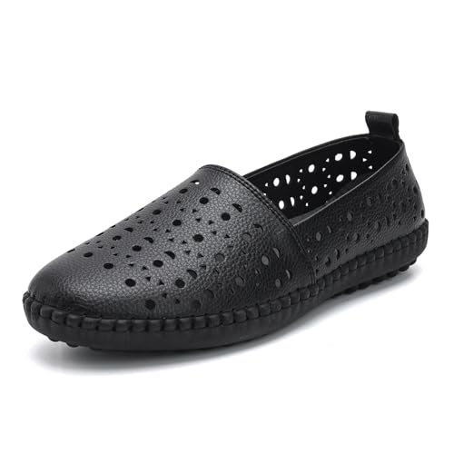 Image of Women's Summer Slip On Loafers, Breathable Perforated Hollow Cutout Flats, Comfortable Vegan Leather Walking Work Shoes for Women, Heart Floral Geometric Pattern Soft Sole Casual Summer Footwear
