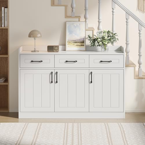 YAIXBNG Aparador 120 x 35 x 80 cm, armario de salón, armario de entrada con 3 cajones y 3 puertas, armario con asas y estantes ajustables, capacidad de carga total recomendada 60 kg, color blanco