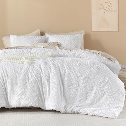 Image of Litanika White Queen Comforter Set, 3 Pieces Tufted Boho Farmhouse Bedding Comforter Sets, Lightweight Fluffy Comforter Bed Set for All Season (90x90In Comforter and 2 Pillowcases)