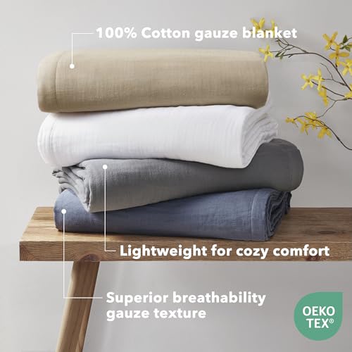 Image of Madison Park Gauze Cotton Queen Blanket Lightweight for Summer, Tan | Ultra Soft, Breathable Fabric for Sofa, Couch, Farmhouse, OEKO-TEX Certified, Cozy & Lofty for Bed Cover