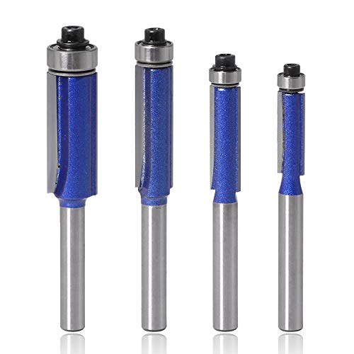 Mesee 4 Piece Top End Bearing Flush Trim Router Bits Set, 1/4 Inch Shank Industrial Grade Template Pattern Flush Trimming Router Bit Woodworking Milling Cutter Tools - 1/4