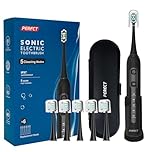 PERECT Electric Toothbrush for Adults, Rechargeable Sonic Electric Toothbrush with 6 Replacement Brush Heads&Dental Soft Picks, 1 Charge for 30 Days, 5 Modes 3 Intensities, Smart Timer, Black