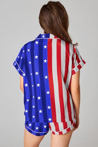 Image of NUFIWI Women 4th of July Outfits American Flag Short Sleeve Shirt Striped Shorts Lounge Set Two Piece Pajama Sleepwear