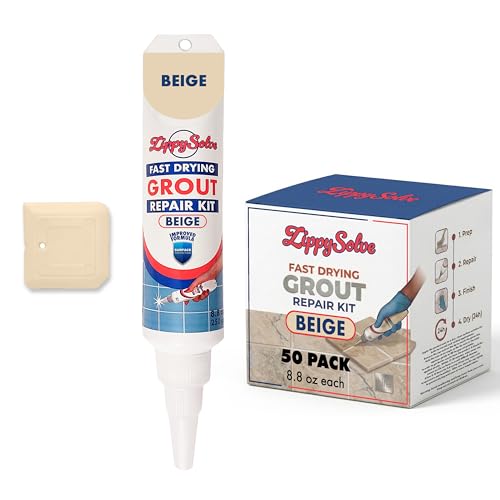 Image of ZippySolve Tile Grout, Repair Kit, Restore & Renew Tile Joints Line, Fast Drying Tile Grout Paint Squeeze Tube for Bathroom Shower Kitchen Floor, Waterproof (50 Pack 8.8 oz Each, Beige)