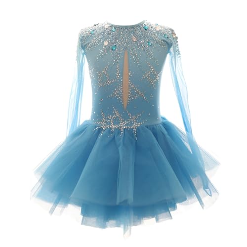 Women's Long Sleeve Sparkling Figure Skating Dress, Girl's Ice Skating Skirt for Competition and Performance(XX-Large) Blue