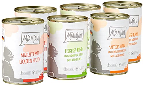 MjAMjAM - Premium Nassfutter für Katzen - Mixpaket I - Huhn, Rind, Herzen, 6er Pack (6 x 400 g), getreidefrei mit extra viel Fleisch