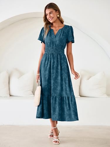 Image of Simplee Womens Summer Boho Maxi Dress Semi Formal Wedding Guest Short Sleeve V Neck Empire Waist Floral Long Dresses