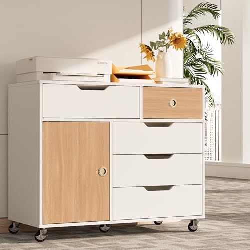Image of 5 Drawers Mobile File Cabinet with Door, Rolling File Cabinet Printer Stand Table Craft Storage Cabinet, Under Desk Wooden Filing Cabinets for Home Office Essentials Storage Organization Furniture