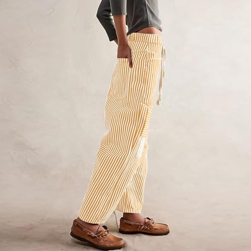 Barrel Jeans Women Casual Horseshoe Tie Waist Striped Pants Lightweight Loose Fit Y2K Patchwork Pants with Pockets3