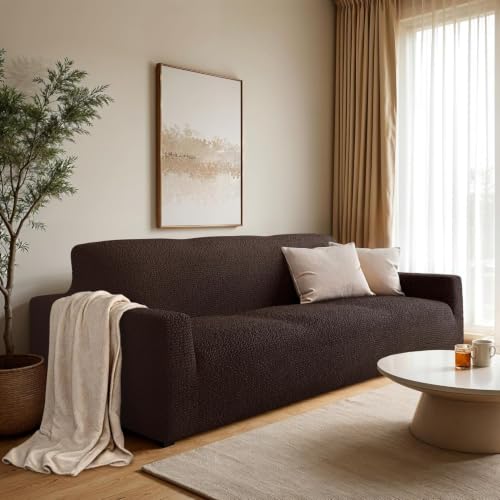 Image of Bellissima Sofa Covers - Premium Luxury Microfibra Plain Stretchable Sofa Cover Fully Covered Slipcover, Imported from Italy (Dark Chocolate, 3 Seater-US)