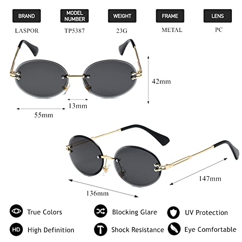 Image of LASPOR Retro Oval Sunglasses for Women Men Fashion Vintage Gold Metal Frameless Rimless Glasses Tinted Lens UV400 Protection