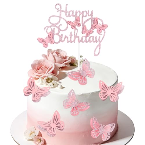13 Pcs Glitter Butterfly Cake Topper Set 3D Pink Happy Birthday Cake Decoration for Girls Women Butterfly Theme Cupcake Toppers Birthday Decorations (Pink)