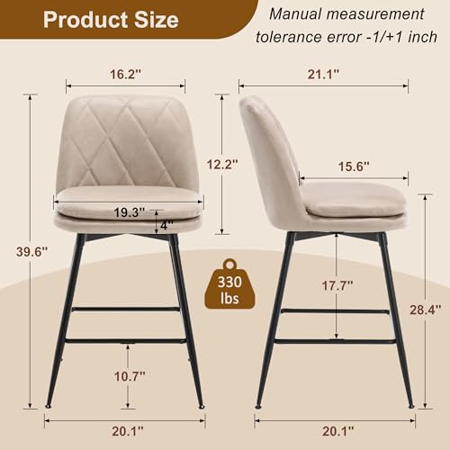 Image of Swivel Bar Stools Set of 4, Swivel Counter Height Bar Stools Set with Metal Legs and Upholstered Faux-Leather Seats, Modern Bar Stool with Back for Kitchen Island (A29 H, Beige)