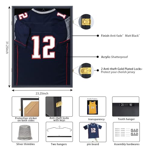 Image of IHEIPYE Jersey Display Frame Case Lockable, Large Sport Jersey Shadow Box with UV Protection Acrylic and Hanger for Baseball Basketball Football Soccer Hockey Shirt and Uniform,Black