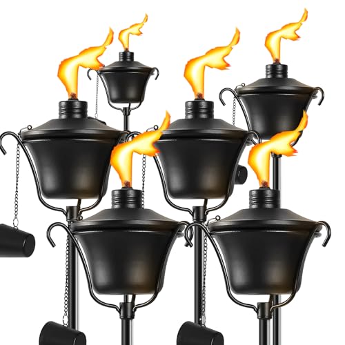 FALBAWR Citronella Torches Set of 6, 3-Prong Grounded Stake Outdoor Torches, 14.5 oz Garden Torches for Outside, 58 inch Outdoor Decorative Torch