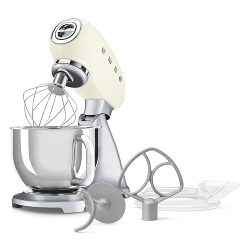 Image of SMEG SMF04 5-Qt Stand Mixer with Smooth Start & SteadyMix, 600W Motor, 10 Speeds, Stainless Steel Bowl & Pour Shield - Retro 50's Style Planetary Mixer for Bread Dough, Baking & Desserts-Cream