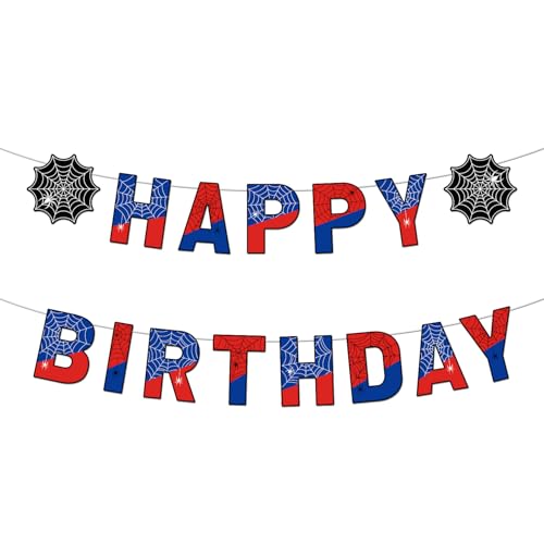Spider Birthday Banner Pre-Strung Spider Web Theme Happy Birthday Decoration Sign Cartoon Movie Hanging Bunting Garland for Boys Kids Party Baby Shower Decor Supplies