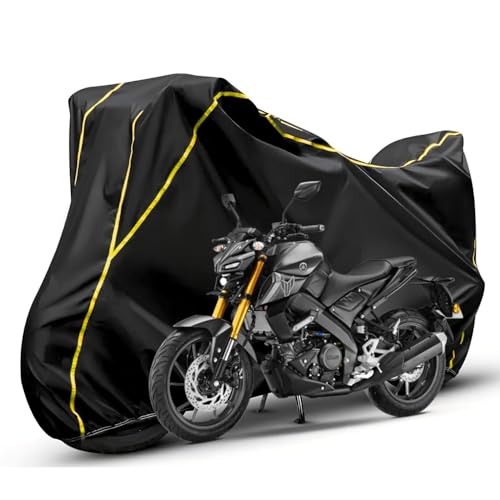 Image of Waterproof Bike Body Cover Compatible with Yamaha Mt-15 Dustproof Scratchproof - Motorcycle Cover for Two Wheeler, Outdoor Full Cover with UV, Duty, Rain Protection (Black & Yellow) R1