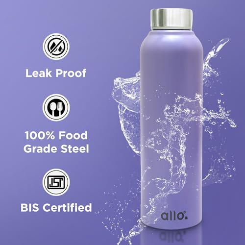 Image of Allo Stainless Steel Water Bottle For Adults, Kids 1 Litre Water Bottles For School, Office, Sports, Gym 1L Water Bottle For Men And Women, Pack Of 2 | Leak Proof & Bpa Free, Lavender Steel Cap
