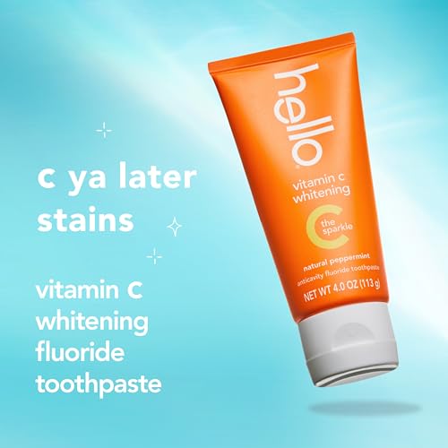 Image of Hello Vitamin C Whitening Toothpaste with Fluoride, Whitening SLS Free Toothpaste Pack, Up to 2 Shades Whiter Teeth, No Peroxide, Safe for Everyday Use, Natural Peppermint, 2 Pack, 4.0 Oz Tubes