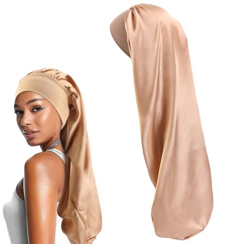 XURJUMI Largo con trenza de raso para mujer, gorro de noche de raso elástico con cinta para atar, gorro con gomas elásticas para protección del cabello rizado largo