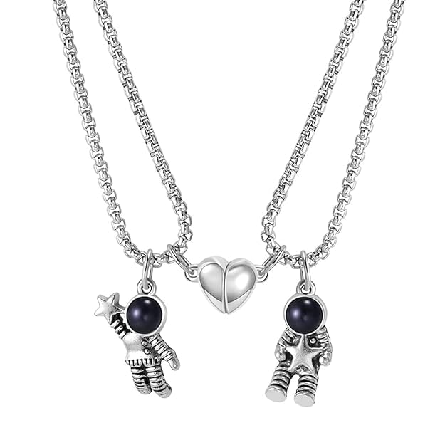 Magnetic Heart Astronaut Pendant for Girls and Boys Couple Necklace Valentine Gift | Special Magnetic Love Heart Couple Pendants Stainless Steel Locket for Couples Valentine Gifts-image-16