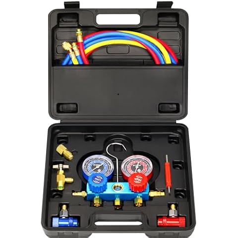 AutoWanderer Tool R1234yf AC Gauges, 3 Way 1234yf AC Manifold Gauge Set Car Air Conditioner Recharge Kit with 5FT Hoses R1234yf Quick Couplers Valve Core Remover Cover