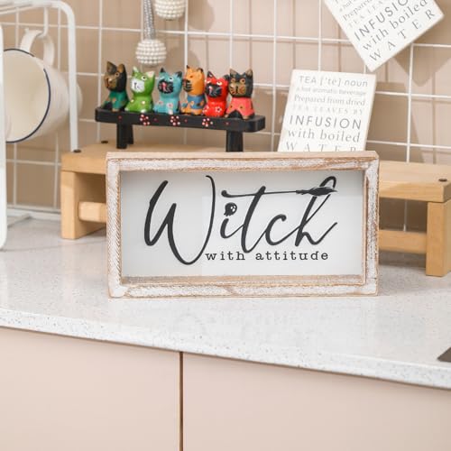 Image of Embossed Witch Sign, Farmhouse Halloween Decorations Indoor, Vintage Halloween Tiered Tray Decor, Funny Spooky Halloween Centerpieces for Table Cubicle Desk Mantel Fireplace