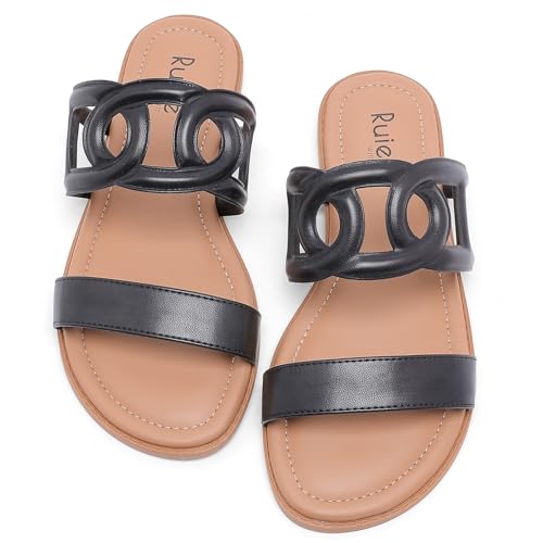 Image of Ruiee Wide Width Sandals for Women, Summer Flat Slides Casual Braided Wide Feet Sandal Comfort Slip on Sandals Open Toe Beach Shoes for Women.