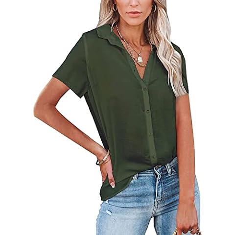 Womens Short Sleeve Casual Button Down Comfy Summer Shirts Deep V Blouse Loose, Green, Medium Cover