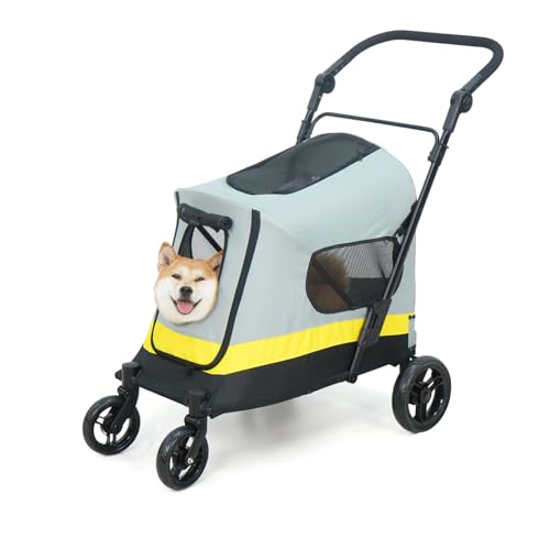BingoPaw Hundewagen für Kleine Hunde, klappbar Hundebuggy bis 20kg, Hundetrolley mit 4 Rädern, 3 Netzfenstern, Verstellbar Griff, Sicherheitsgurt, für Waldspaziergang, Stadtbummel & Tierarztbesuch