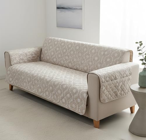Image of House of Quirk 'Mughal Series' Anti-Slip Sofa Cover Mat with Pocket | Polyester Couch Protector for Pets, Kids & Spills (Beige Blossom, 180x120cm, Two Seater)