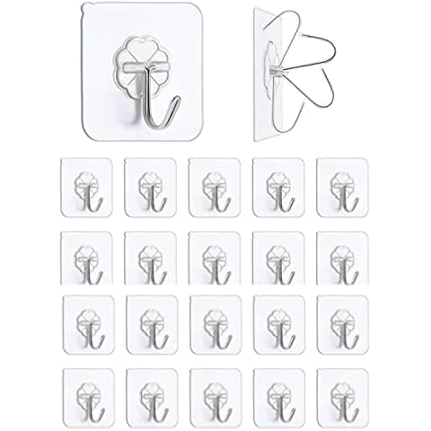 paonne Self Adhesive Hooks 20 Packs Wall Hooks for Bathroom Kitchen, Heavy Duty Nail Free Sticky Hangers with Stainless Hooks Utility Towel Bath Ceiling Hooks (Clear) Cover