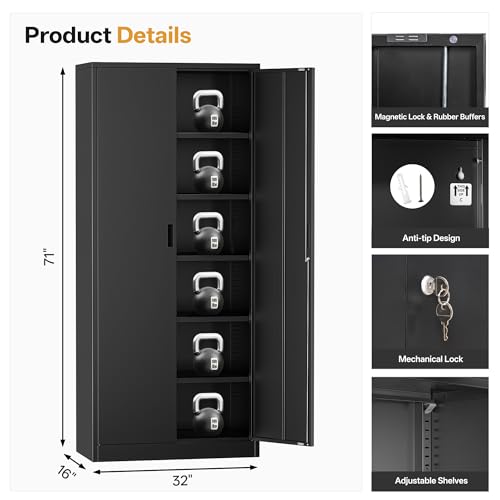 Image of Metal Garage Storage Cabinets,71 inch Tall Metal Storage Cabinet with Lock and 5 Adjustable Shelves, Locking Cabinets for Office, Home, Garage, Warehouse 71 inch H x 32 inch W x 16 inch D (Black)