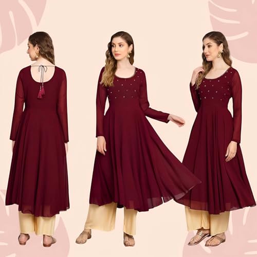 Image of PH POSHAKHUB Georgette Regular Fit Hand Embroidery Anarkali Kurta Set for Women, Yoke Anarkali Kurta for Woman, Ankle Length Anarkali Suit for Women, Full Sleeve Kurti, Dress for Woman
