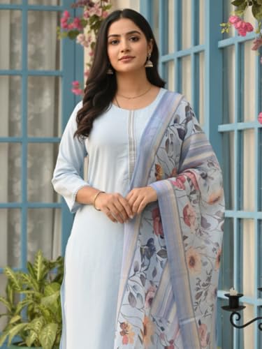 Image of INDO ERA Women's Pure Cotton Solid Solid kurta & Pant with Dupatta Set | Cotton Kurta Set For Woman