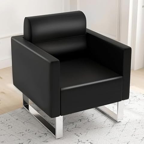 LUCKYERMORE Waiting Room Chairs Office Guest Reception Chairs Black Faux Leather Accent Chairs Lobby Chairs W/Arm Sofa Barrel Salon Club Chairs Heavy Duty Hold Up to 400LBS Cover
