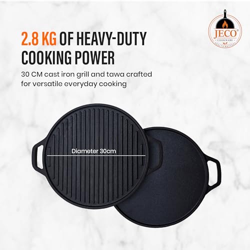 Image of Cast Iron 2-in-1 Dosa Tawa | Pre-Seasoned Non-Stick Iron Grill Tawa | Heavy Duty Non-Toxic Cookware | Even Heat Distribution | Gas Stove & Induction Compatible, Black, 30cm, 2.8kg