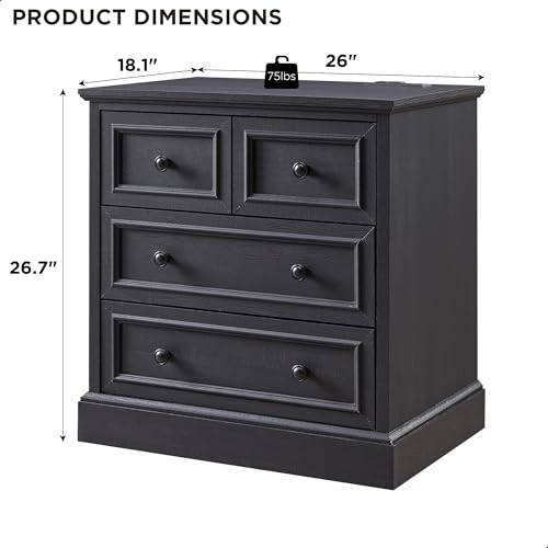 Image of ACCOHOHO Farmhouse Nightstand with 4 Drawers, 26 inch Wide End Table with Storage, Modern Nightstand with Charging Station for Bedroom, Black