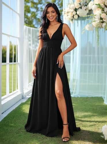 BABYONLINE D.R.E.S.S. Women's Formal Dresses Deep V-Neck Side Slit Sleeveless Floor Length Wedding Guest Dress 30073