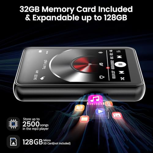 Image of AUDIOCULAR M51 Portable MP3 Player with Bluetooth 5.0, 32GB MicroSD (Expandable to 128GB), 2.4 inch Touch Screen, Voice Recording, Built-in Speaker, Type-C Port, Video Playback, E-Book, Alarm (Black)