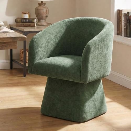 Image of VKNOW Upholstered Swivel Dining Chair with Barrel Back and Armrests | Modern Accent Arm Chair with Thickened Cushion, Soft Chenille Fabric, for Dining Room, Living Room, Vanity, Green