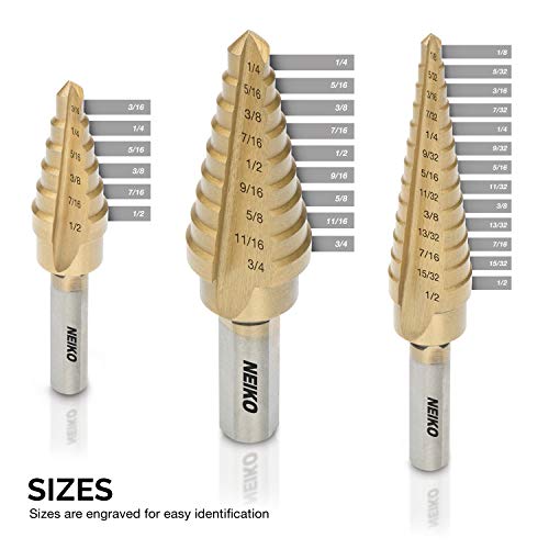 Neiko 10193A Titanium Step Drill Bit Set, High Speed Steel | 3-Piece Set | Total 28 Sizes