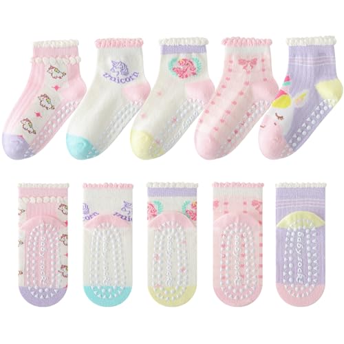 Kyopp 5 Paar Sommer Stoppersocken Kinder Socken Jungen Mädchen ABS Anti Rutsch SockenTiermotive Leicht und Luftig 21-37EU (ABS Dünne-Einhorn L)